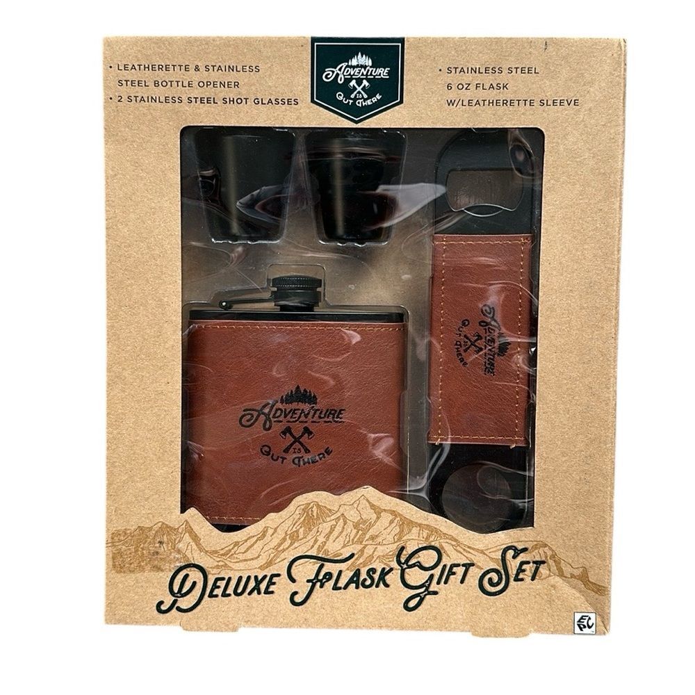 NIB Adventure Out There Deluxe Flask Gift Set Stainless Steel Leatherette